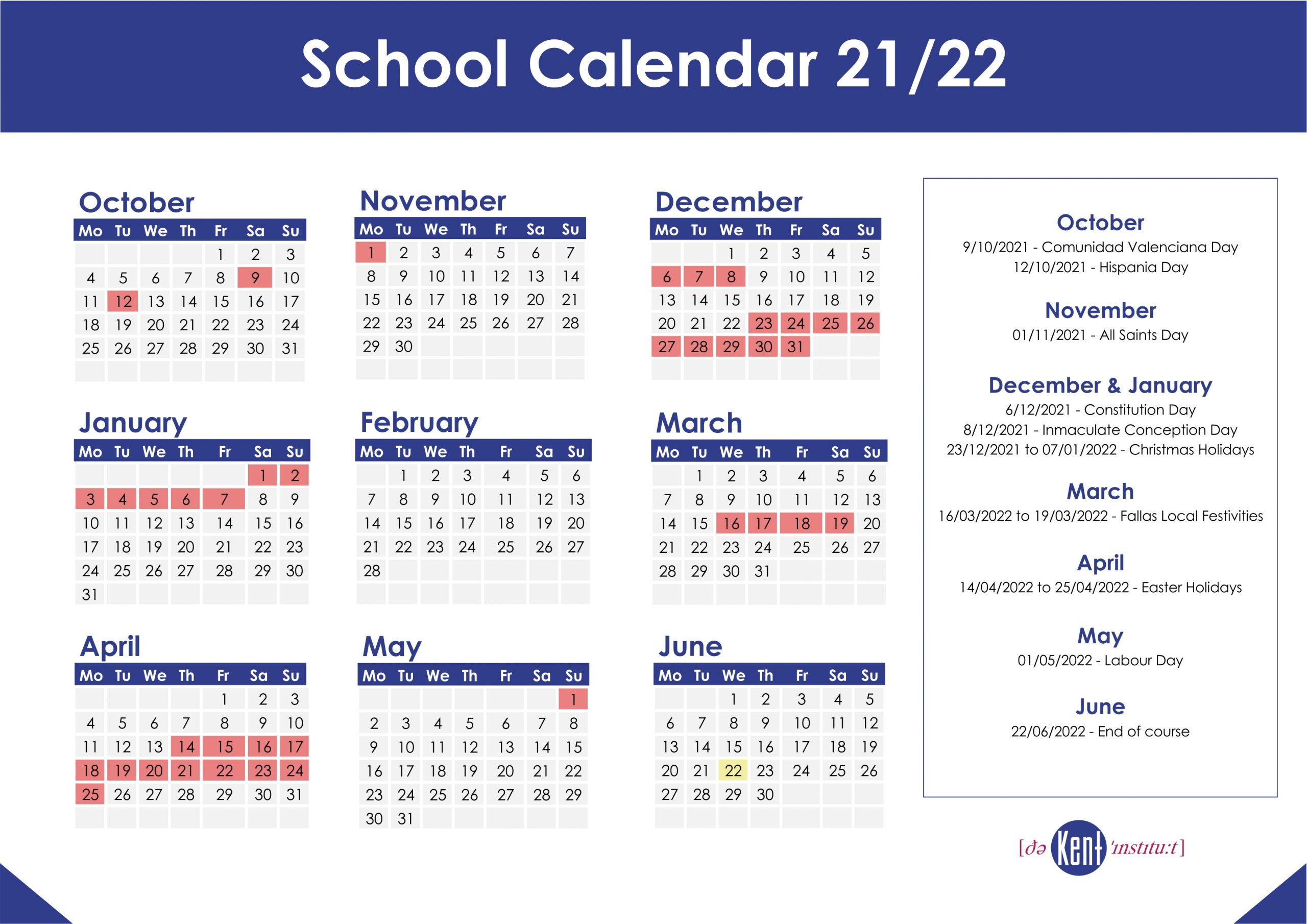 School Calendar 21 22 The Kent Institute